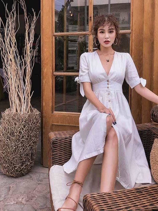 The Best Elegant High Waist Short Lace Up Bow Sleeve V Neck Vintage Dress Online - Takalr