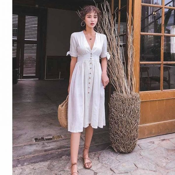 The Best Elegant High Waist Short Lace Up Bow Sleeve V Neck Vintage Dress Online - Takalr