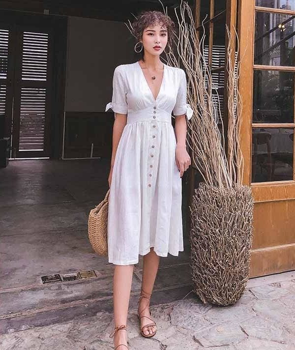 The Best Elegant High Waist Short Lace Up Bow Sleeve V Neck Vintage Dress Online - Takalr