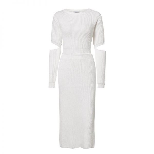 The Best Elegant knitted sweater dress Hollow out two piece suit midi dress Online - Takalr