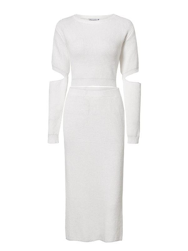 The Best Elegant knitted sweater dress Hollow out two piece suit midi dress Online - Takalr