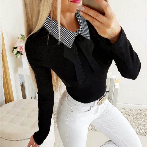 The Best Elegant Office Ladies Lapel Blouse Shirt Autumn Women Long Sleeve Slim Fit Bowknot Stretch Office Solid Shirts Online - Takalr