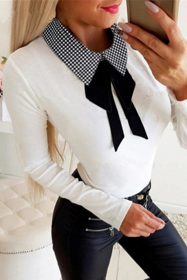 The Best Elegant Office Ladies Lapel Blouse Shirt Autumn Women Long Sleeve Slim Fit Bowknot Stretch Office Solid Shirts Online - Takalr