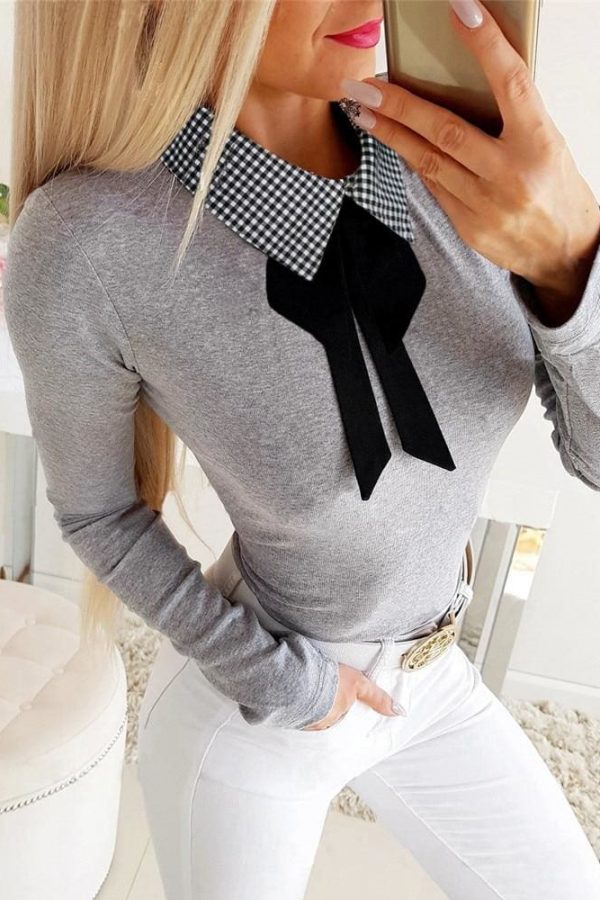 The Best Elegant Office Ladies Lapel Blouse Shirt Autumn Women Long Sleeve Slim Fit Bowknot Stretch Office Solid Shirts Online - Takalr