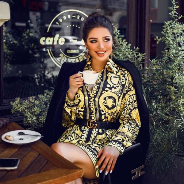 The Best Elegant Printed Shirt Dress Women Vintage Long Sleeve Party Dress Mini Short Autumn Dresses Streetwear Online - Takalr