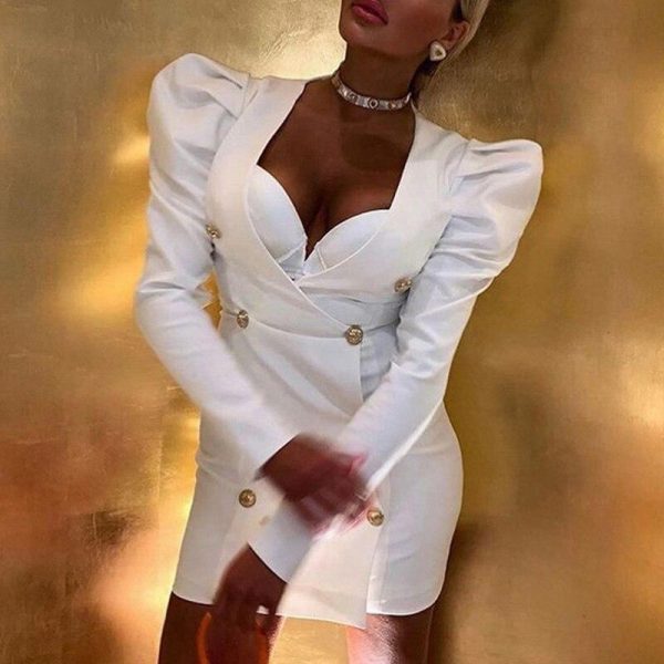 elegant puff sleeve white dress women double breasted office bodycon dress winter long sleeve casual v neck vestidos - Takalr