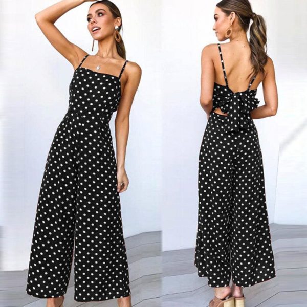 The Best Elegant Sexy Jumpsuits Women Sleeveless Polka Dots Loose Trousers Wide Leg Pants Rompers Online - Takalr