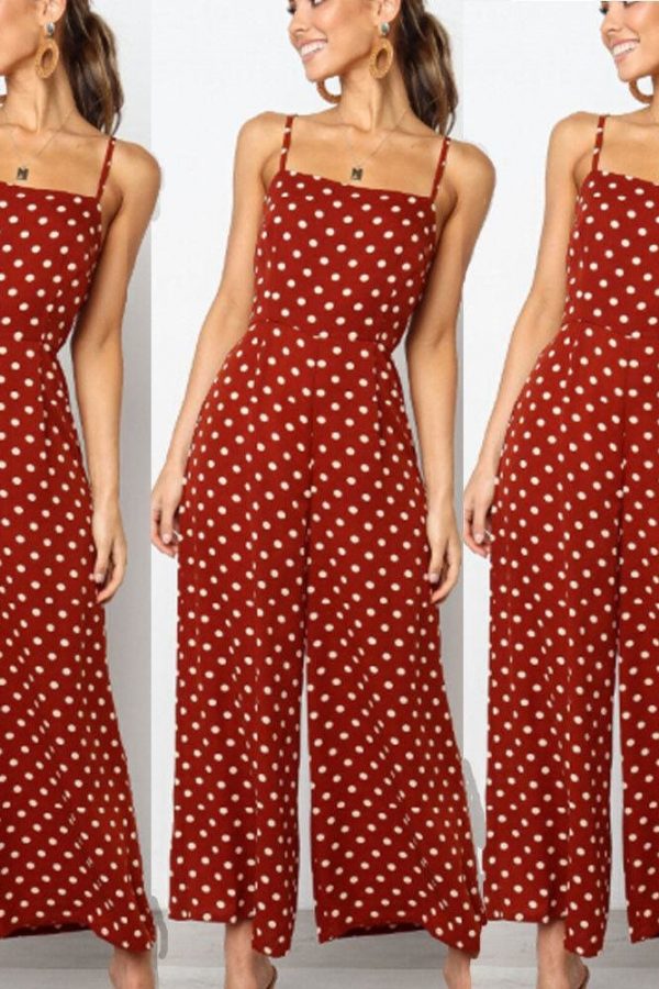 The Best Elegant Sexy Jumpsuits Women Sleeveless Polka Dots Loose Trousers Wide Leg Pants Rompers Online - Takalr