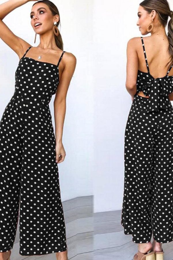 The Best Elegant Sexy Jumpsuits Women Sleeveless Polka Dots Loose Trousers Wide Leg Pants Rompers Online - Takalr