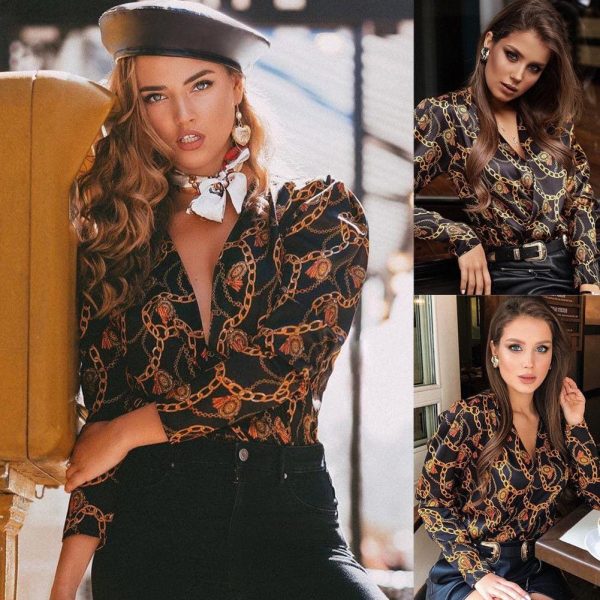 The Best Elegant Women Boho Floral Print Top Casual Loose V-Neck Blouse Fashion OL Ladies Long Sleeve Beach Shirts Online - Takalr