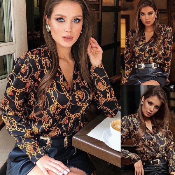 The Best Elegant Women Boho Floral Print Top Casual Loose V-Neck Blouse Fashion OL Ladies Long Sleeve Beach Shirts Online - Takalr