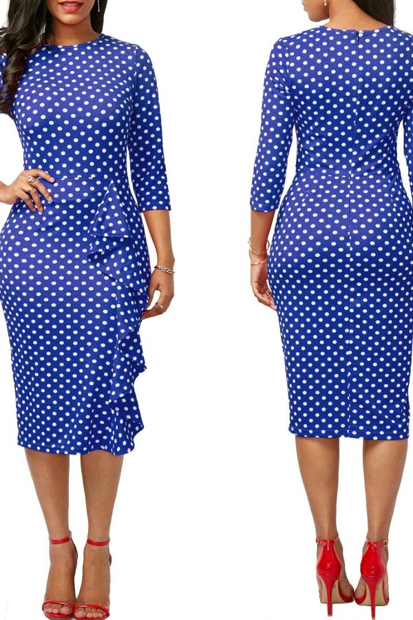 The Best Elegant Women Ladies Sexy Long Sleeve Polka Dots Ruffle Bodycon Slim O-Neck Casual Party Long Pencil Dress Online - Takalr