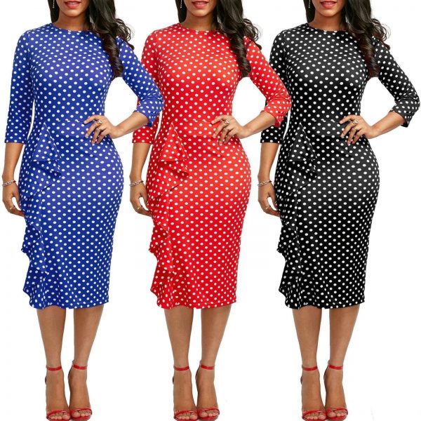 The Best Elegant Women Ladies Sexy Long Sleeve Polka Dots Ruffle Bodycon Slim O-Neck Casual Party Long Pencil Dress Online - Takalr