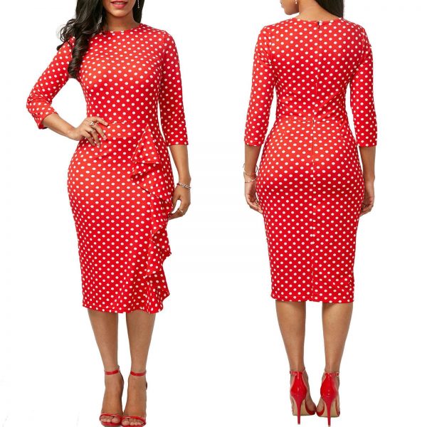 The Best Elegant Women Ladies Sexy Long Sleeve Polka Dots Ruffle Bodycon Slim O-Neck Casual Party Long Pencil Dress Online - Takalr