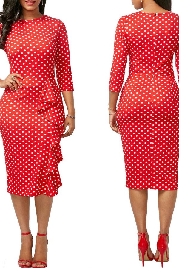 The Best Elegant Women Ladies Sexy Long Sleeve Polka Dots Ruffle Bodycon Slim O-Neck Casual Party Long Pencil Dress Online - Takalr