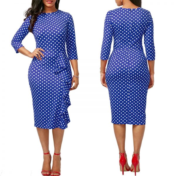 The Best Elegant Women Ladies Sexy Long Sleeve Polka Dots Ruffle Bodycon Slim O-Neck Casual Party Long Pencil Dress Online - Takalr