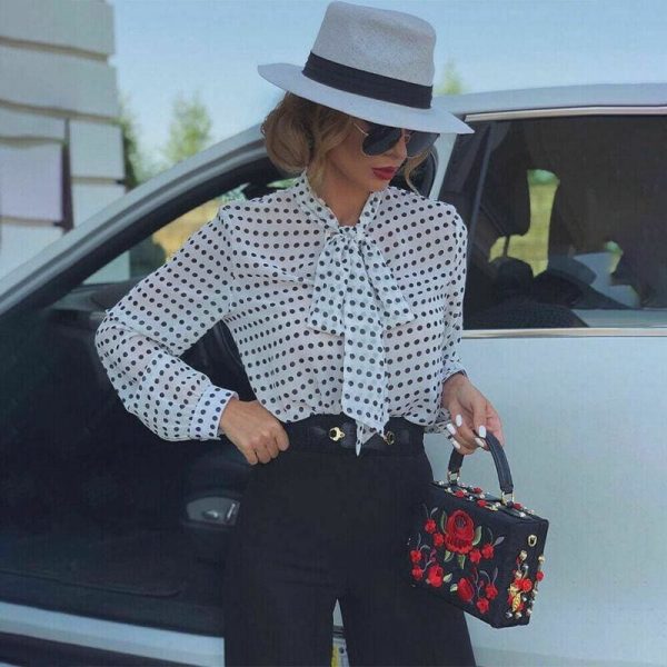 The Best Elegant Women Lady Formal Long Sleeve Shirt Chiffon Blouse Tie Polka Dot Tops Casual Office Work Tee Shirt Online - Takalr