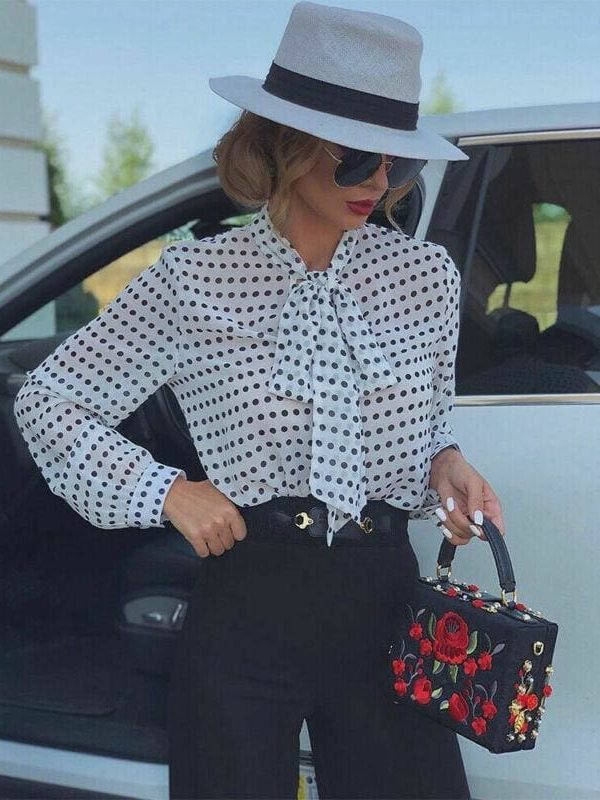 The Best Elegant Women Lady Formal Long Sleeve Shirt Chiffon Blouse Tie Polka Dot Tops Casual Office Work Tee Shirt Online - Takalr