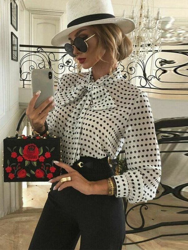 The Best Elegant Women Lady Formal Long Sleeve Shirt Chiffon Blouse Tie Polka Dot Tops Casual Office Work Tee Shirt Online - Takalr