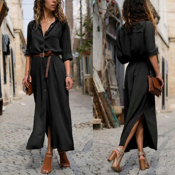 The Best Elegant Women Sexy V Collar Long Maxi Dress OL Ladies Casual Long Sleeve Solid Holiday Summer Beach Sundress Online - Takalr