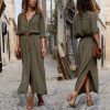 The Best Elegant Women Sexy V Collar Long Maxi Dress OL Ladies Casual Long Sleeve Solid Holiday Summer Beach Sundress Online - Takalr