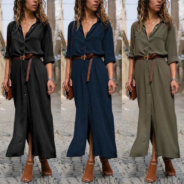 The Best Elegant Women Sexy V Collar Long Maxi Dress OL Ladies Casual Long Sleeve Solid Holiday Summer Beach Sundress Online - Takalr