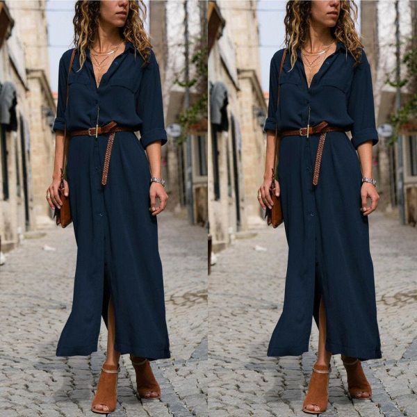 The Best Elegant Women Sexy V Collar Long Maxi Dress OL Ladies Casual Long Sleeve Solid Holiday Summer Beach Sundress Online - Takalr