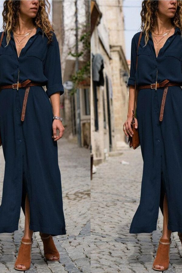 The Best Elegant Women Sexy V Collar Long Maxi Dress OL Ladies Casual Long Sleeve Solid Holiday Summer Beach Sundress Online - Takalr