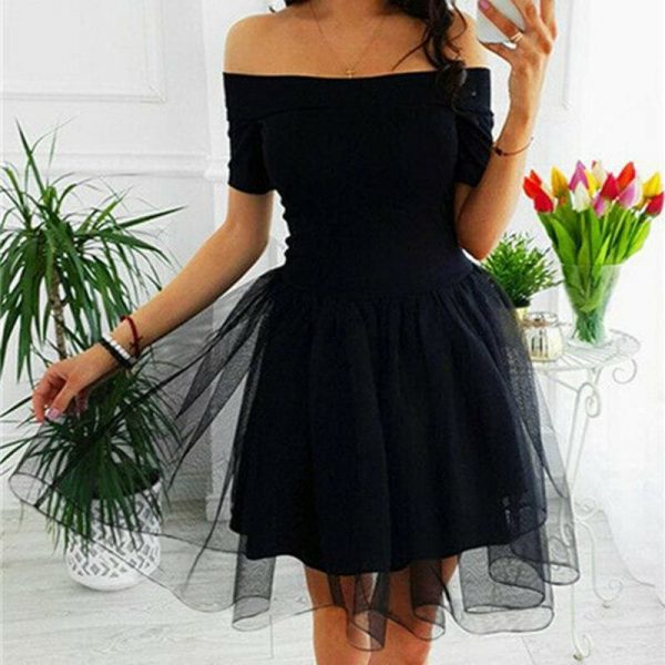 The Best Elegant Women Summer Ruffle Mesh Mini Dresses Off Shoulder Evening Party Ladies Cocktail Club Mini Formal Dress Online - Takalr