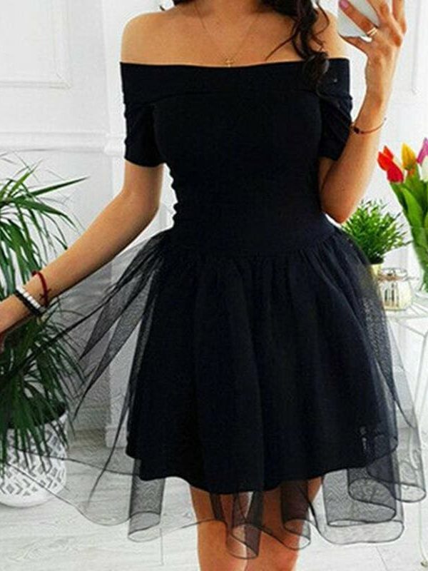 The Best Elegant Women Summer Ruffle Mesh Mini Dresses Off Shoulder Evening Party Ladies Cocktail Club Mini Formal Dress Online - Takalr