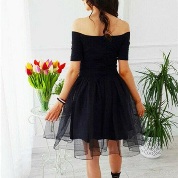 The Best Elegant Women Summer Ruffle Mesh Mini Dresses Off Shoulder Evening Party Ladies Cocktail Club Mini Formal Dress Online - Takalr