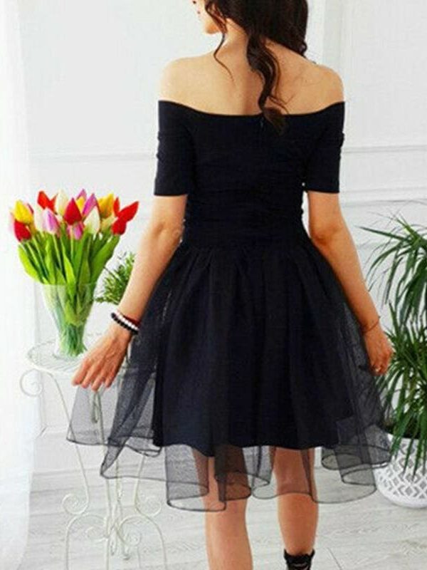 The Best Elegant Women Summer Ruffle Mesh Mini Dresses Off Shoulder Evening Party Ladies Cocktail Club Mini Formal Dress Online - Takalr