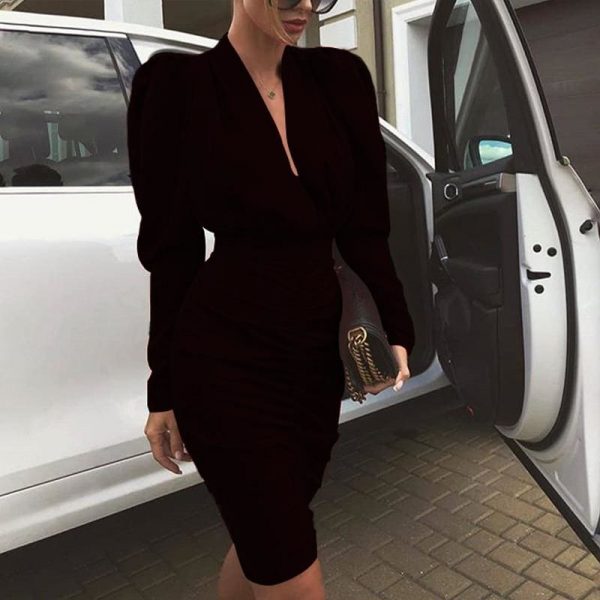 The Best Elegant Women's Long Sleeve V Neck Bodycon Dress OL Ladies Evening Party Office Workout Mini Dress Online - Takalr