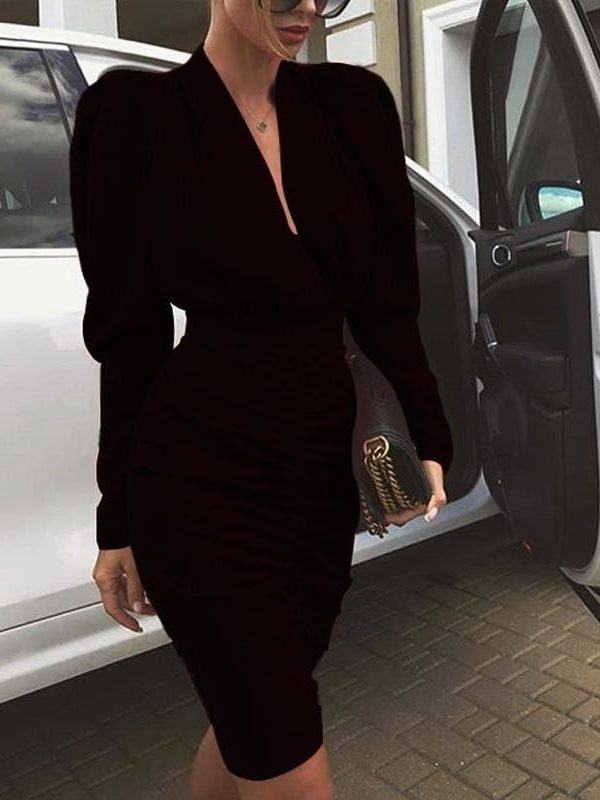 The Best Elegant Women's Long Sleeve V Neck Bodycon Dress OL Ladies Evening Party Office Workout Mini Dress Online - Takalr