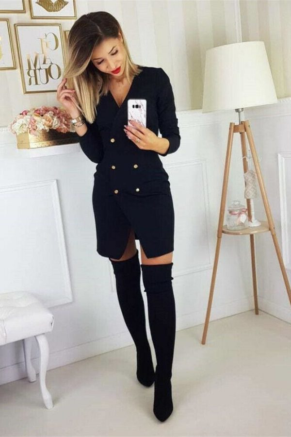 The Best Elegant Women's Office OL Dress Fashion Bodycon Long Sleeve Button Formal Dress Online - Takalr