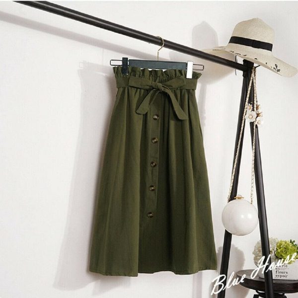 The Best Fashion A-Line Skirt Women Casual Elastic High Waist Loose Summer OL Ladies Pocket Button Midi Long Skirt Online - Takalr