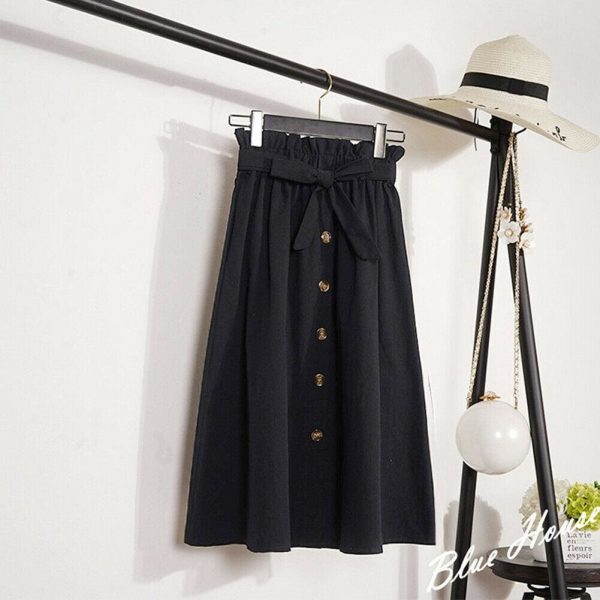 The Best Fashion A-Line Skirt Women Casual Elastic High Waist Loose Summer OL Ladies Pocket Button Midi Long Skirt Online - Takalr