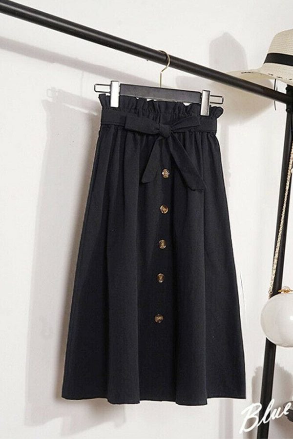 The Best Fashion A-Line Skirt Women Casual Elastic High Waist Loose Summer OL Ladies Pocket Button Midi Long Skirt Online - Takalr