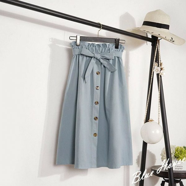 The Best Fashion A-Line Skirt Women Casual Elastic High Waist Loose Summer OL Ladies Pocket Button Midi Long Skirt Online - Takalr