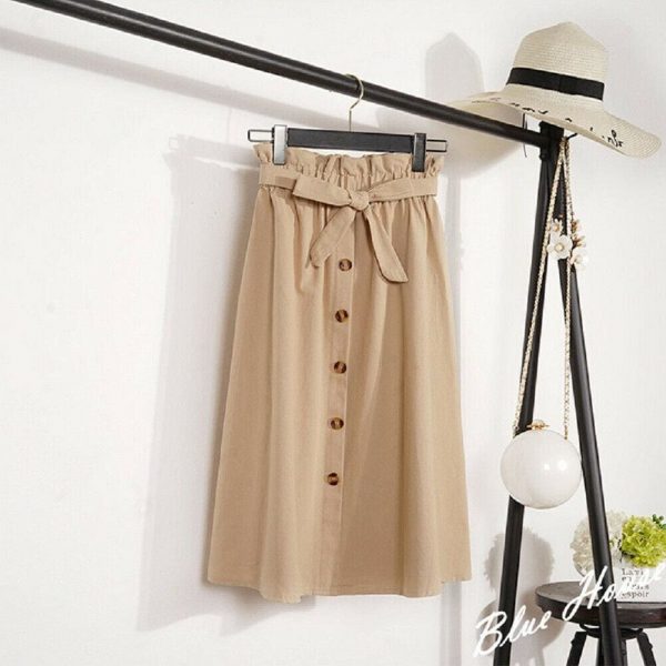 The Best Fashion A-Line Skirt Women Casual Elastic High Waist Loose Summer OL Ladies Pocket Button Midi Long Skirt Online - Takalr