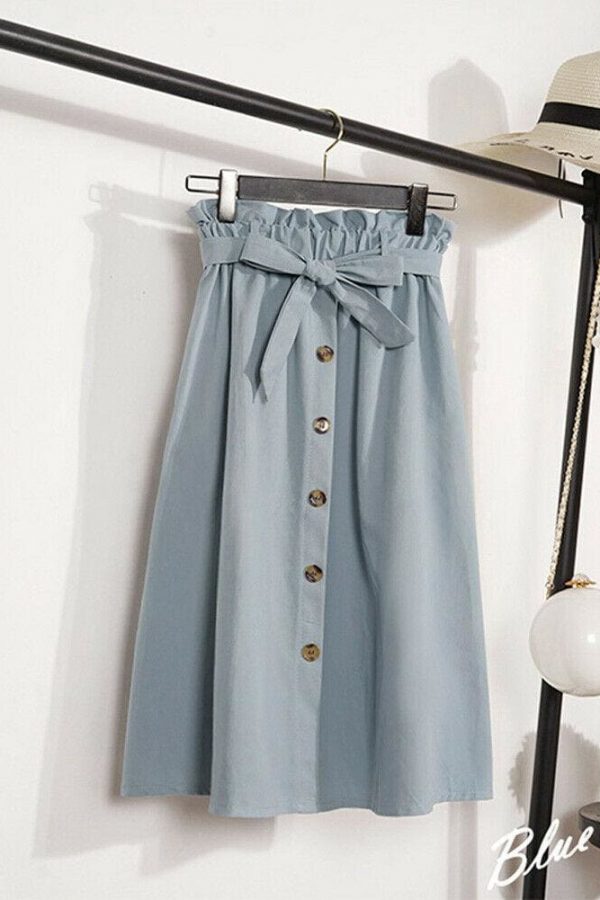 The Best Fashion A-Line Skirt Women Casual Elastic High Waist Loose Summer OL Ladies Pocket Button Midi Long Skirt Online - Takalr