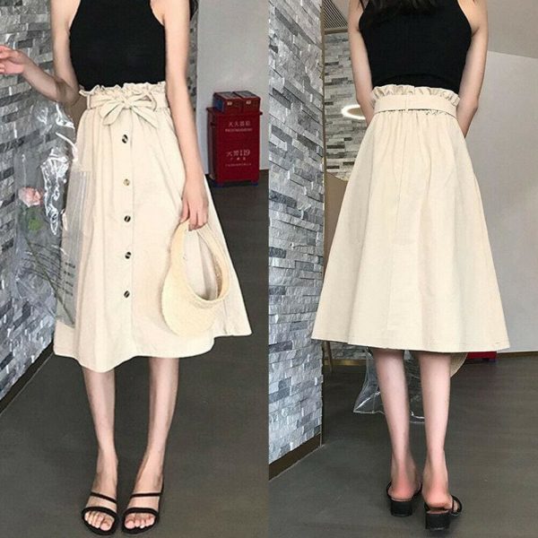 The Best Fashion A-Line Skirt Women Casual Elastic High Waist Loose Summer OL Ladies Pocket Button Midi Long Skirt Online - Takalr