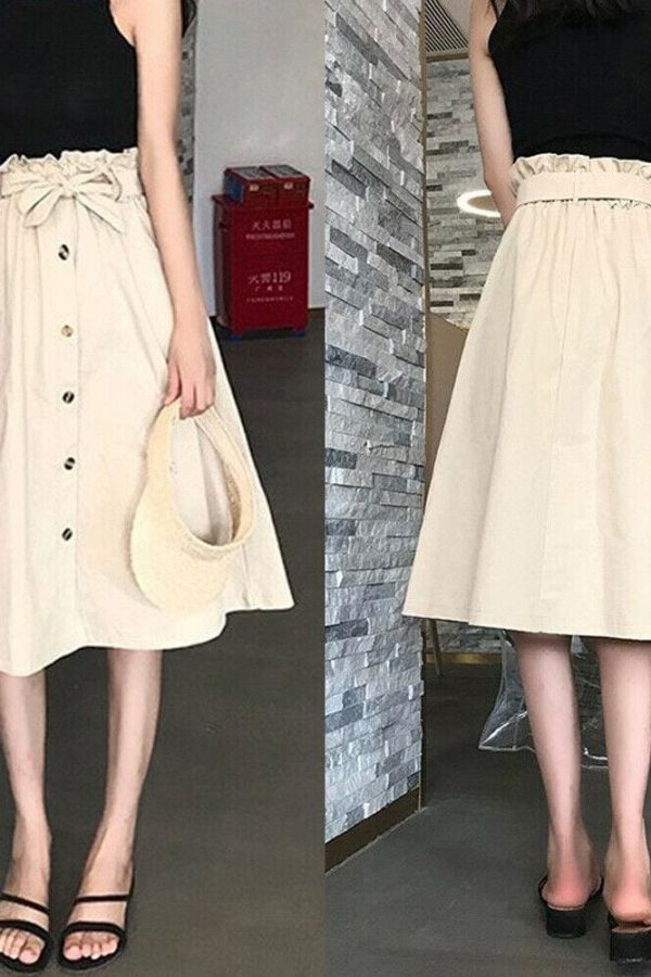 The Best Fashion A-Line Skirt Women Casual Elastic High Waist Loose Summer OL Ladies Pocket Button Midi Long Skirt Online - Takalr