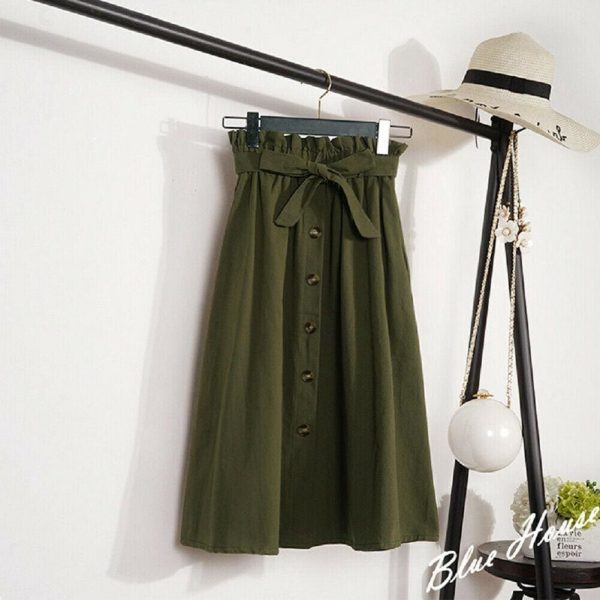 The Best Fashion A-Line Skirt Women Casual Elastic High Waist Loose Summer OL Ladies Pocket Button Midi Long Skirt Online - Takalr