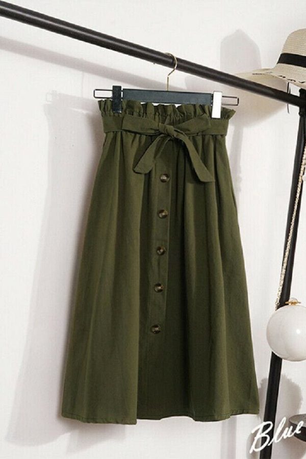 The Best Fashion A-Line Skirt Women Casual Elastic High Waist Loose Summer OL Ladies Pocket Button Midi Long Skirt Online - Takalr