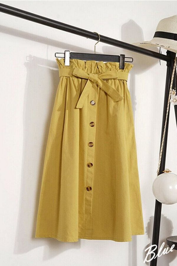 The Best Fashion A-Line Skirt Women Casual Elastic High Waist Loose Summer OL Ladies Pocket Button Midi Long Skirt Online - Takalr