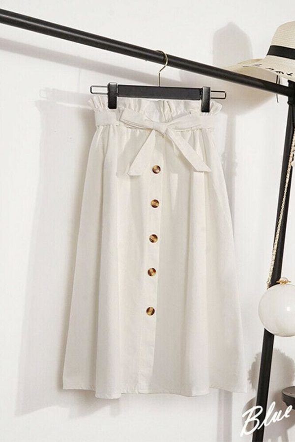 The Best Fashion A-Line Skirt Women Casual Elastic High Waist Loose Summer OL Ladies Pocket Button Midi Long Skirt Online - Takalr