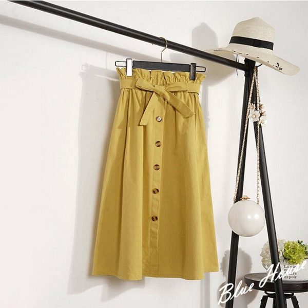 The Best Fashion A-Line Skirt Women Casual Elastic High Waist Loose Summer OL Ladies Pocket Button Midi Long Skirt Online - Takalr