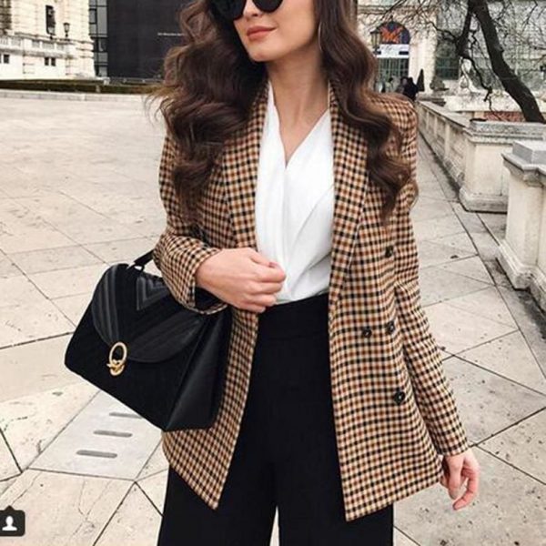 The Best Fashion Autumn Women Plaid Blazers Work Office Lady Blazer Coat Online - Takalr