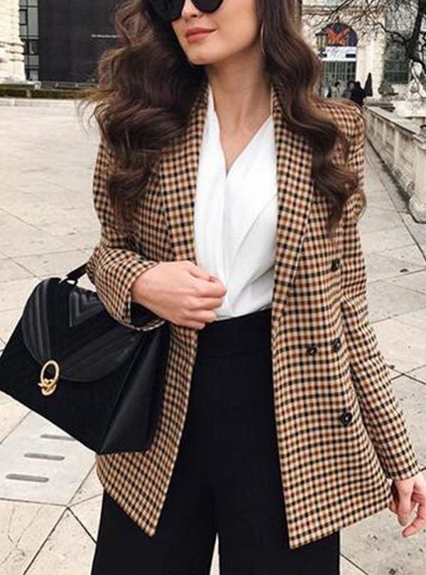 The Best Fashion Autumn Women Plaid Blazers Work Office Lady Blazer Coat Online - Takalr